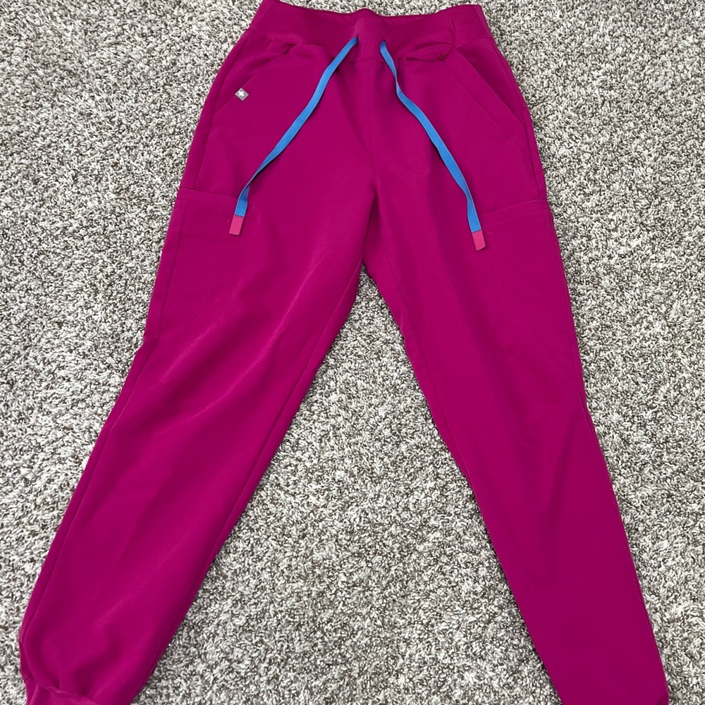 Magenta Jogger Scrub Pants with Blue Drawstring
